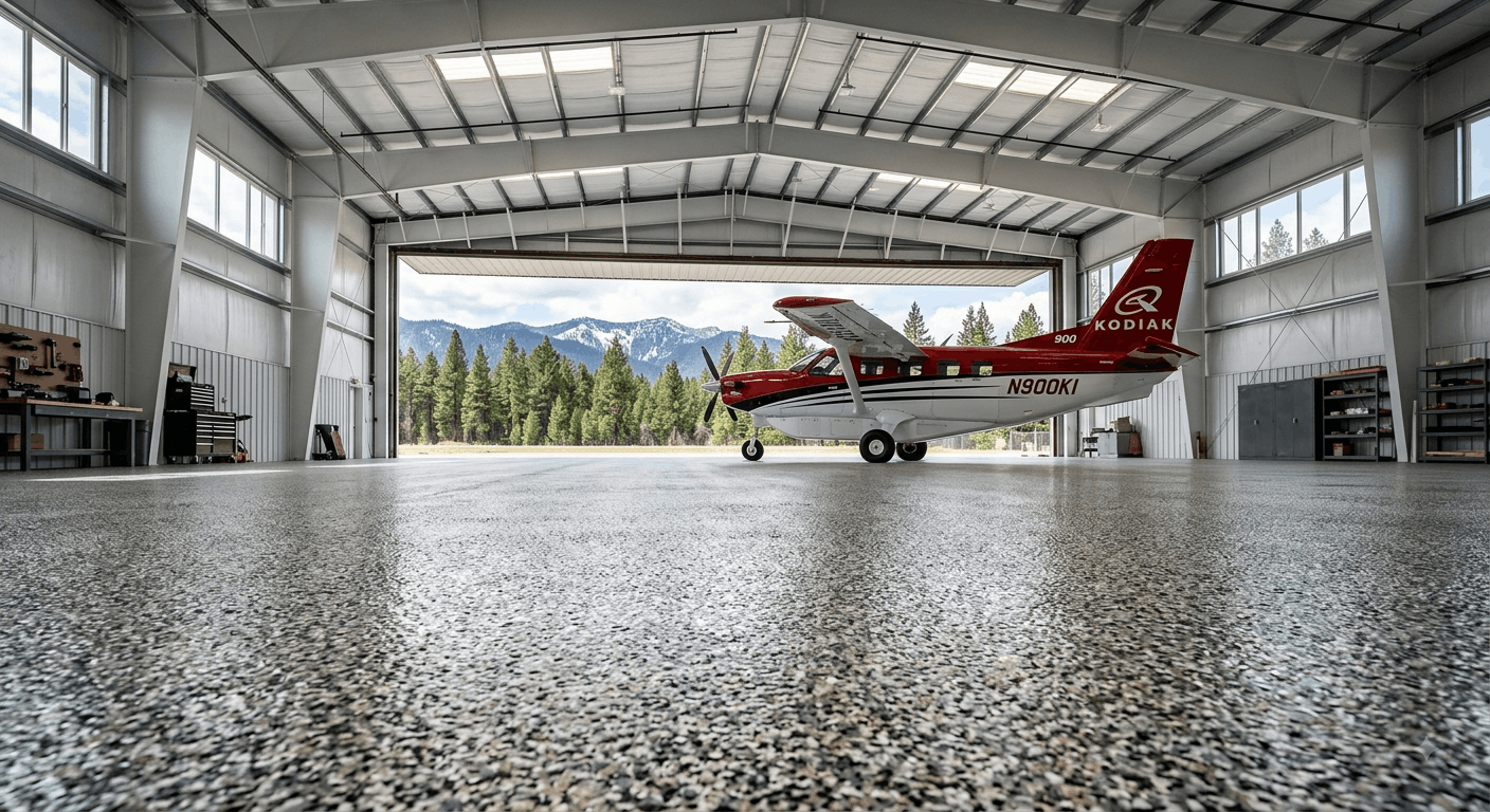 Grey flake broadcast epoxy floor seen from floor level across a steel hangar bay