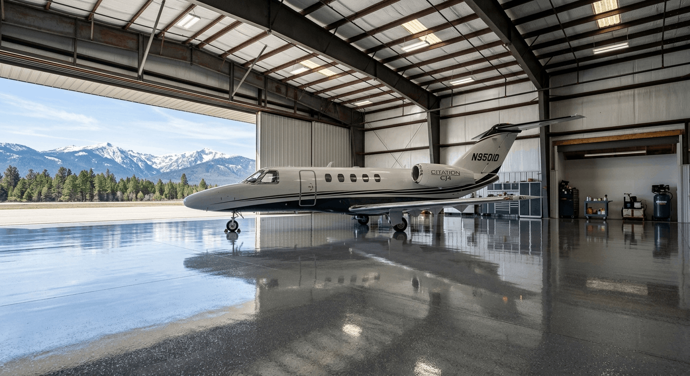 Business jet parked on a high-gloss polyaspartic floor coating in a steel hangar, door open to snow-capped mountains
